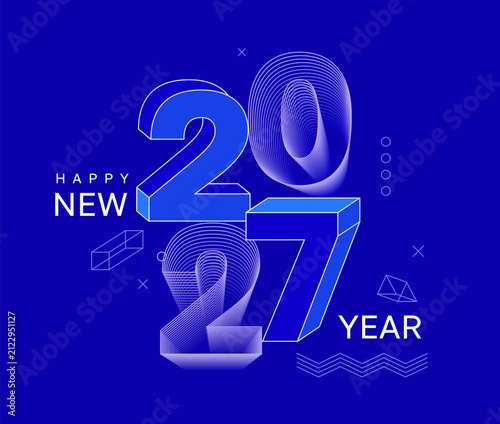 3d geometric numbers 2027 for New Year modern greeting card. Holiday poster with numbers from lines, simple geometry 3d shapes. Template for flyer,web, cover, calendar, web, print, banner,card. Vector