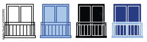 Set of flat balcony icons in outline, solid, and colored styles for architectural use.
