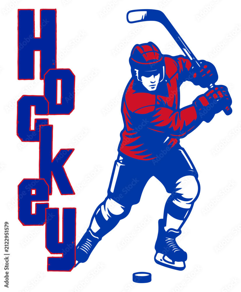 Fototapeta premium Blue and red player hockey illustration with dynamic skating action and angled bold lettering. A energetic action design perfect for apparel, sublimation and cricut merchandise.