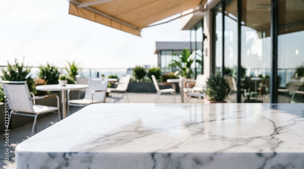 Fototapeta premium Modern Rooftop Terrace with Marble Table and Outdoor Seating for Lifestyle Design