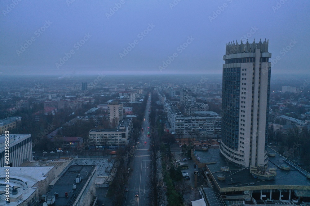 Fototapeta premium Aerial view of urban skyline with tall building and misty streets at dawn