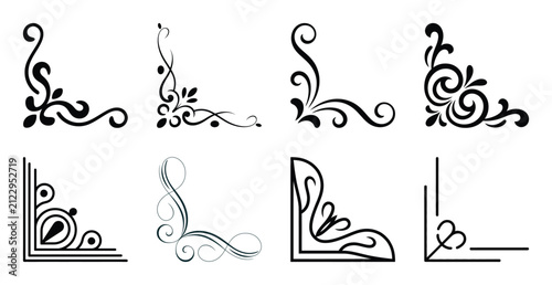 Eight elegant vintage vector corner designs featuring intricate scroll work floral accents.