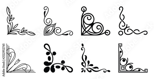 Collection of ornate corner flourishes for graphic design and invitations.