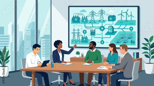 Diverse business team discussing smart renewable energy grid system