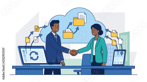 Business professionals shaking hands with cloud data synchronization