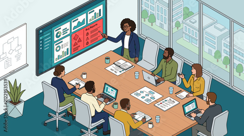Corporate Team Meeting with Data Analytics Presentation in Office