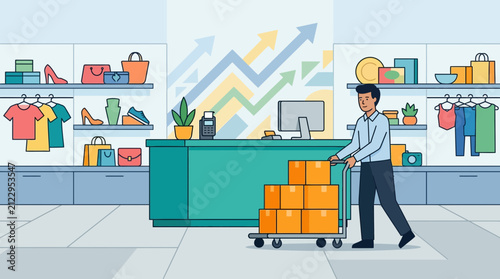 Retail Worker Moving Inventory in Modern Clothing Store Vector