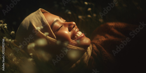 A young woman with a radiant smile, wearing a headscarf and lying among delicate flowers, basking in the warm sunlight. Her eyes are closed, conveying a sense of deep peace and contentment