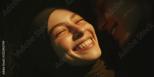 Close-up shot of a young woman smiling with her eyes closed, bathed in warm light, conveying pure joy and contentment