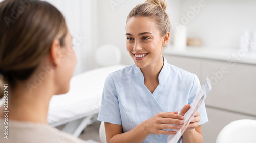 Professional cosmetologist showing brochure and consulting female client in modern beauty clinic, skincare procedure concept