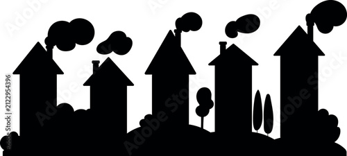 Black silhouette of landscape with houses and trees