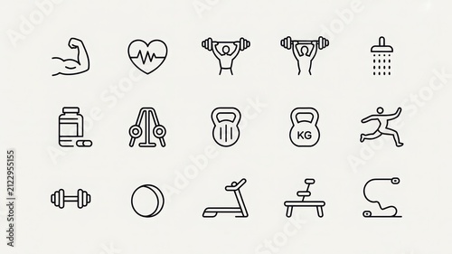 Gym and workout line icons collection for sports and wellness isolated on white background