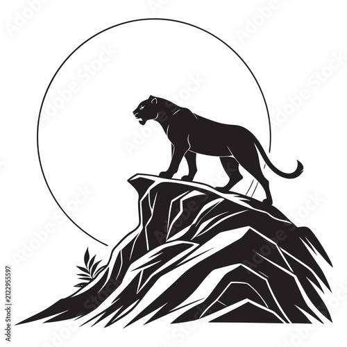 Black Tiger Silhouette Standing Before Full Moon Minimalist Black and White Vector Illustration