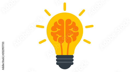 Light bulb with glowing brain symbolizing bright idea, creativity and innovation concept in bold flat colors on clean white background vector illustration