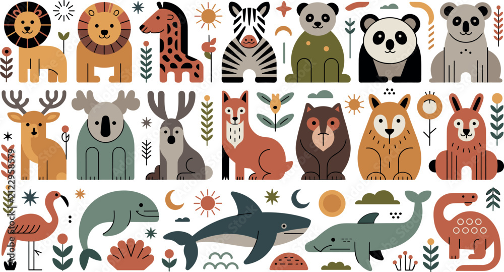 Fototapeta premium Cute Animal Vector Collection Featuring Safari Wildlife Marine Creatures and Nordic Forest Animals for Kids Nursery Graphic Design