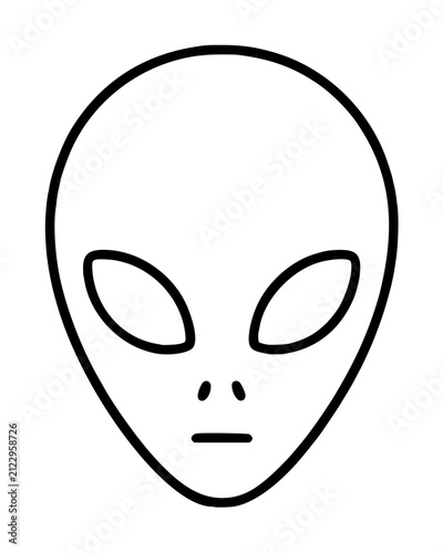 Minimalist hand-traced vector illustration of a classic extraterrestrial alien head icon featuring large almond-shaped eyes, small nostril dots, and a thin mouth line on a white background