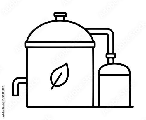 Anaerobic digester vector icon illustration, hand-drawn biogas fermenter with leaf motif, gas tank, and pipeline, monochrome outline design for sustainable energy and waste management concepts