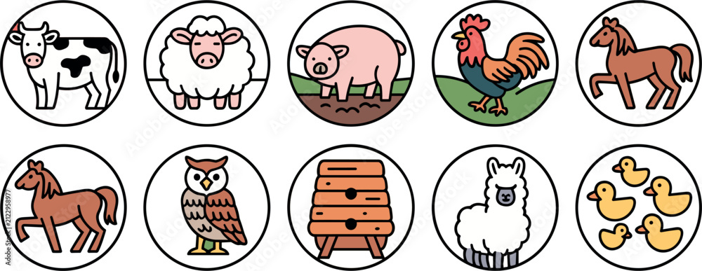 Naklejka premium Domestic Farm Animal Line Icon Collection Featuring Cute Cow Sheep Pig Rooster Horse Owl Beehive Alpaca and Duckling Designs