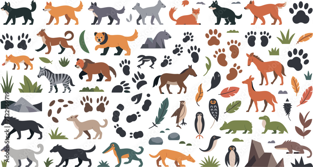 Obraz premium Wild Animals and Animal Tracks Vector Collection with Wolves Foxes Horses and Paw Prints for Outdoor Nature Educational Designs