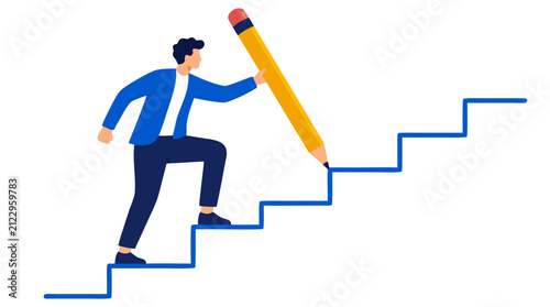 Entrepreneur climbing staircase drawing steps ahead with giant pencil, bold flat color vector illustration depicting ambition, growth, and creative business strategy concept