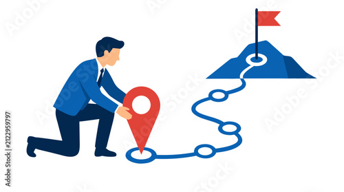 Businessman kneeling to place red location pin on winding route map with destination mountain flag, goal achievement and journey success concept, flat design vector illustration