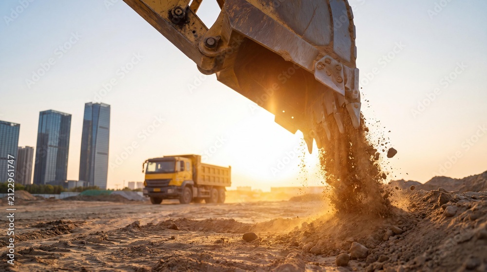 Fototapeta premium Excavator bucket dumping soil at a city construction site during sunset