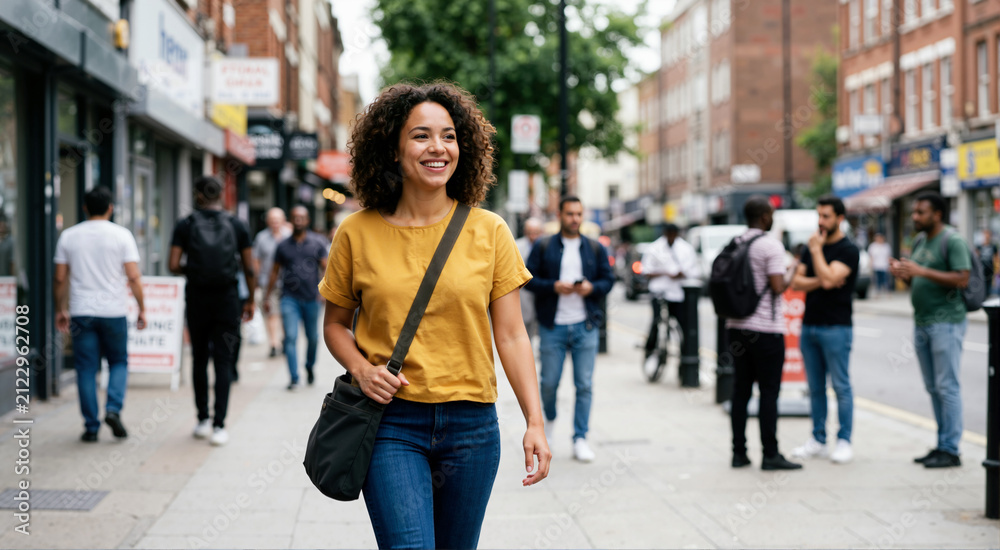 Fototapeta premium Smiling mixed race woman walking on a city street. Happy young female pedestrian in casual clothes commuting in urban environment