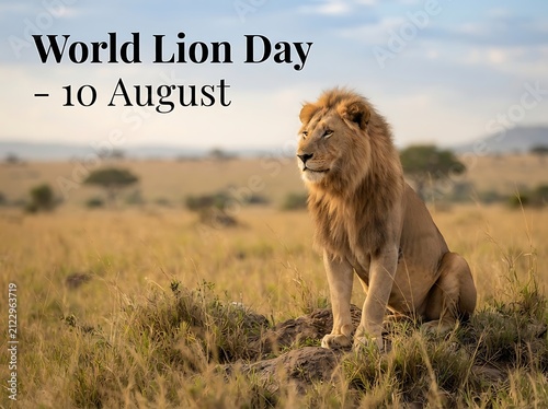 Majestic lion standing in african savanna on world lion day