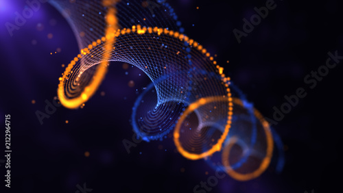 Orange Blue DNA Abstract Spiral Swirl Particles Vj Loop Molecule Helix Spiral on Blue. Medical Science Technology, Genetic Biotechnology, Chemistry, Biology, Gene Cell Concept