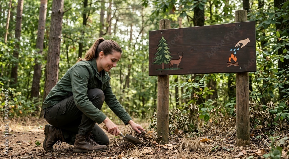 Fototapeta premium Woman clearing dry leaves near a forest fire prevention sign. Environmental protection and wildfire safety concept in the woods