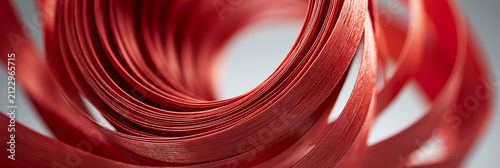 Close-up of vibrant red ribbon spiraling in an artistic composition.