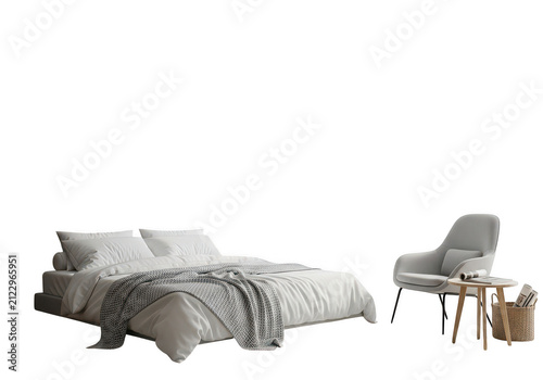 Modern bedroom with white furniture and chair isolated on transparent background