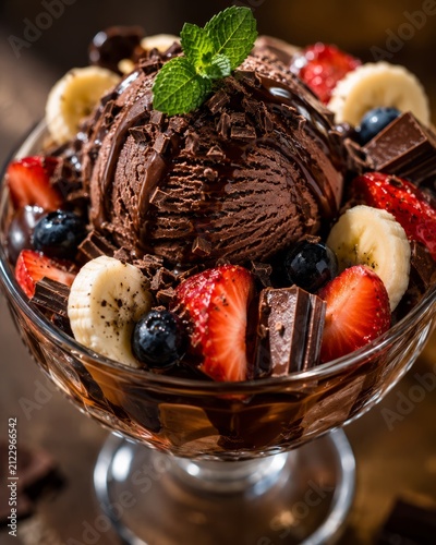 
Rich chocolate ice cream sundae topped with chocolate sauce, fresh berries, banana and chocolate pieces in a glass dessert bowl