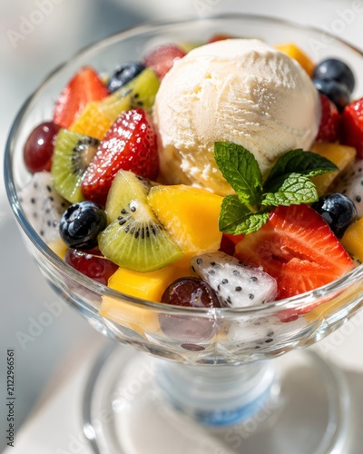 Creamy vanilla ice cream served over fresh tropical fruit salad in a glass dessert bowl, captured in a bright macro close-up