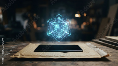 Glowing Geometric Box Above Screen for Modern Commercial Marketing Background and Digital Media