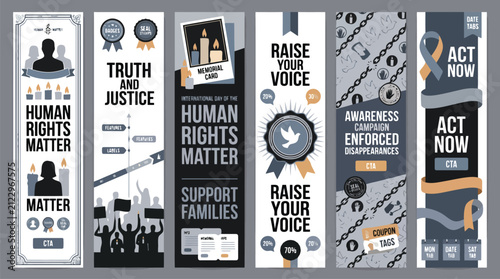 Human rights matter vertical banner set, social justice awareness campaign posters, activism and truth and justice protest flyers in flat vector style