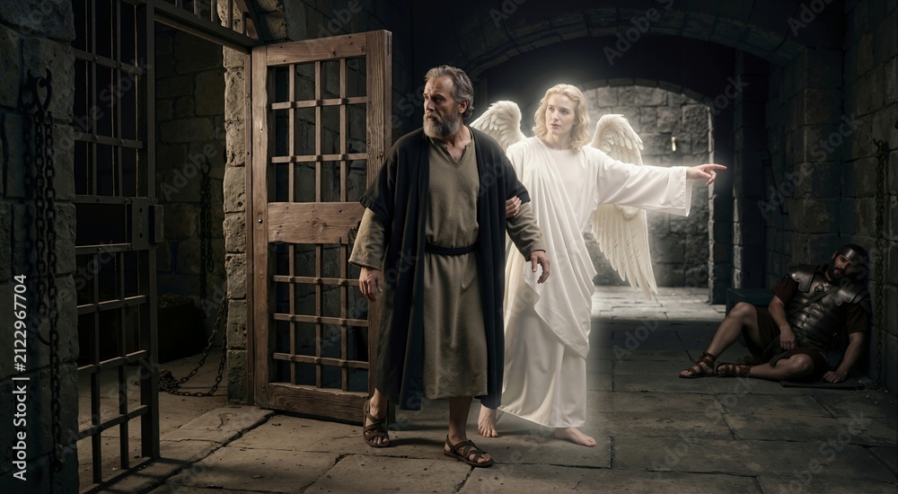 Obraz premium Glowing winged angel guiding older bearded man out of dark stone prison. Sleeping Roman guard and open cell door in background