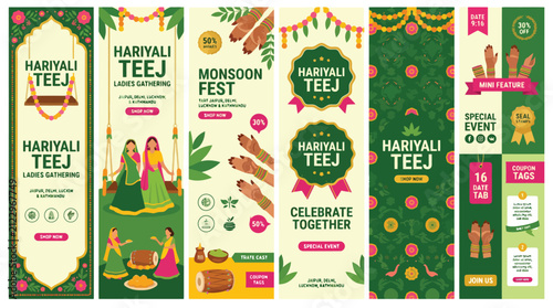 Hariyali Teej festival vertical banner set, Indian monsoon fest social media templates, traditional ladies gathering celebration posters with henna and swings