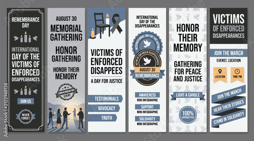 International Day of the Victims of Enforced Disappearances banner set, memorial gathering posters, remembrance day social media templates