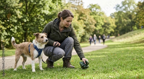 Woman picking up dog waste with a green plastic bag in a park. Responsible pet owner cleaning up after her terrier mix dog on the grass