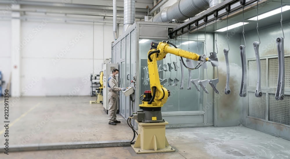 Naklejka premium Yellow industrial robot arm spray coating metal parts on a conveyor line. Male operator in protective gear monitoring automated painting process in a factory. Modern manufacturing technology