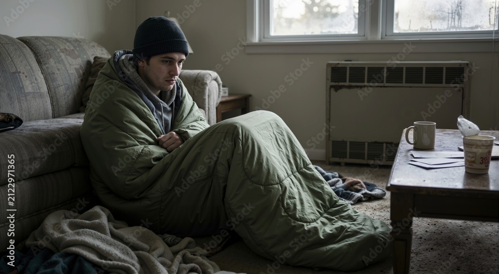 Fototapeta premium Young man sitting on floor wrapped in sleeping bag looking cold and depressed. Energy crisis and saving on heating utilities concept at home