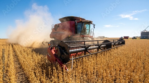 Combine harvester harvesting soybeans in agricultural field