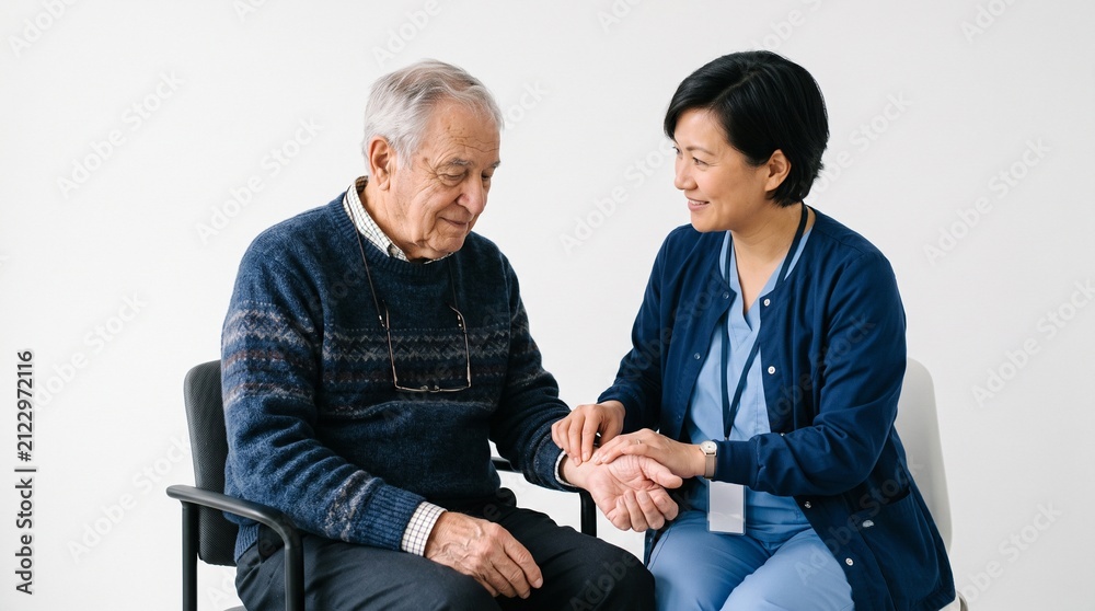 Obraz premium Nurse checks pulse of elderly man in healthcare setting