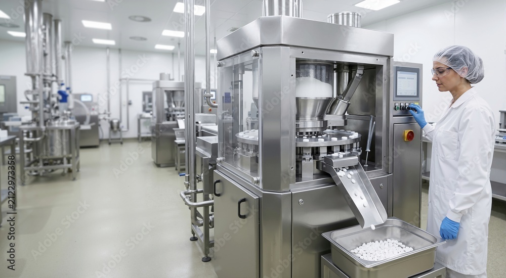 Fototapeta premium Female pharmaceutical worker operating a rotary tablet press machine. Woman in lab coat and safety gear producing white pills in a sterile manufacturing facility