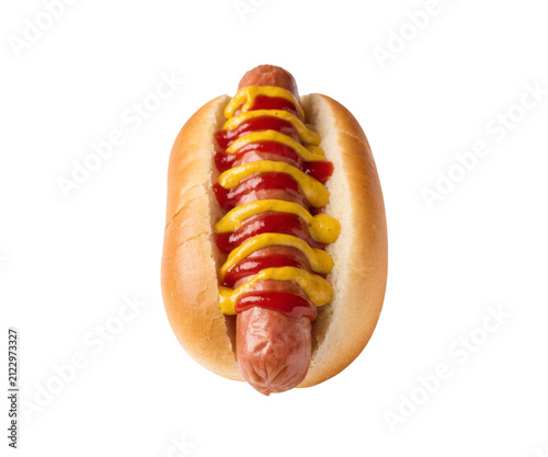 Top View Hot Dog Sandwich with Mustard and Ketchup Isolated on White Background
