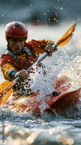 Male kayaker in action, splashing water as he maneuvers through rapids.