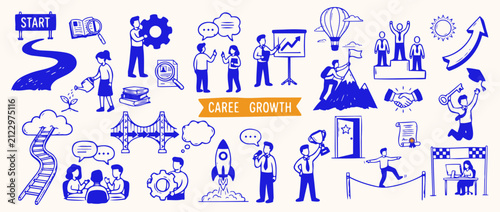 Career Growth Journey: A vibrant collection of hand-drawn illustrations depicting the multifaceted path of career growth, from the initial spark to ultimate success.