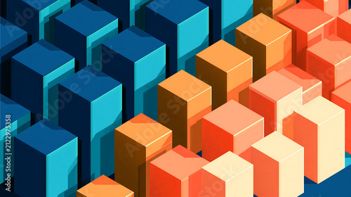 Isometric grid of rectangular columns in a gradient of blue and orange colors on dark surface