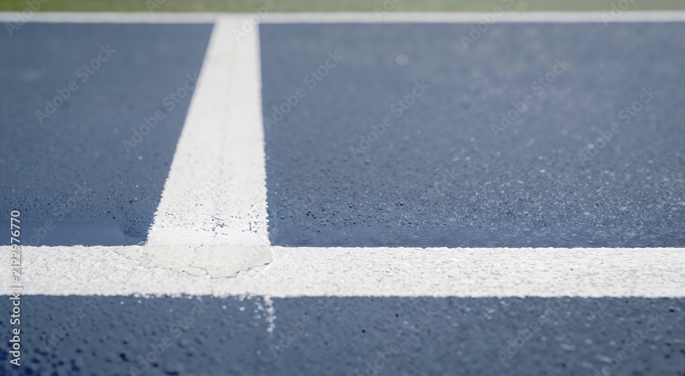 Fototapeta premium Close up of white boundary lines on a blue hard tennis court. Textured sports surface background with selective focus